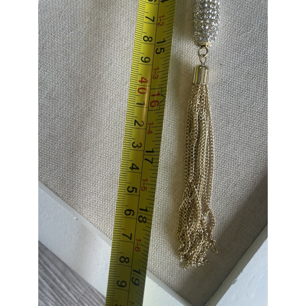 Gold Tone Tassel Necklace Rhinestone Bead Lariat Fringe Statement 19" Chain - Picture 8 of 8